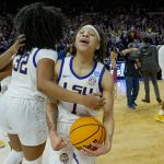 
              LSU guard Jailin Cherry (1) celebrates her team's victory over Jackson State in a women's college basketball game in the first round of the NCAA tournament, Saturday, March 19, 2022, in Baton Rouge, La. (AP Photo/Matthew Hinton)
            