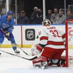 
              St. Louis Blues' Pavel Buchnevich (89) shoots against Carolina Hurricanes' Antti Raanta (32) during the second period of an NHL hockey game Saturday, March 26, 2022, in St. Louis. (AP Photo/Michael Thomas)
            