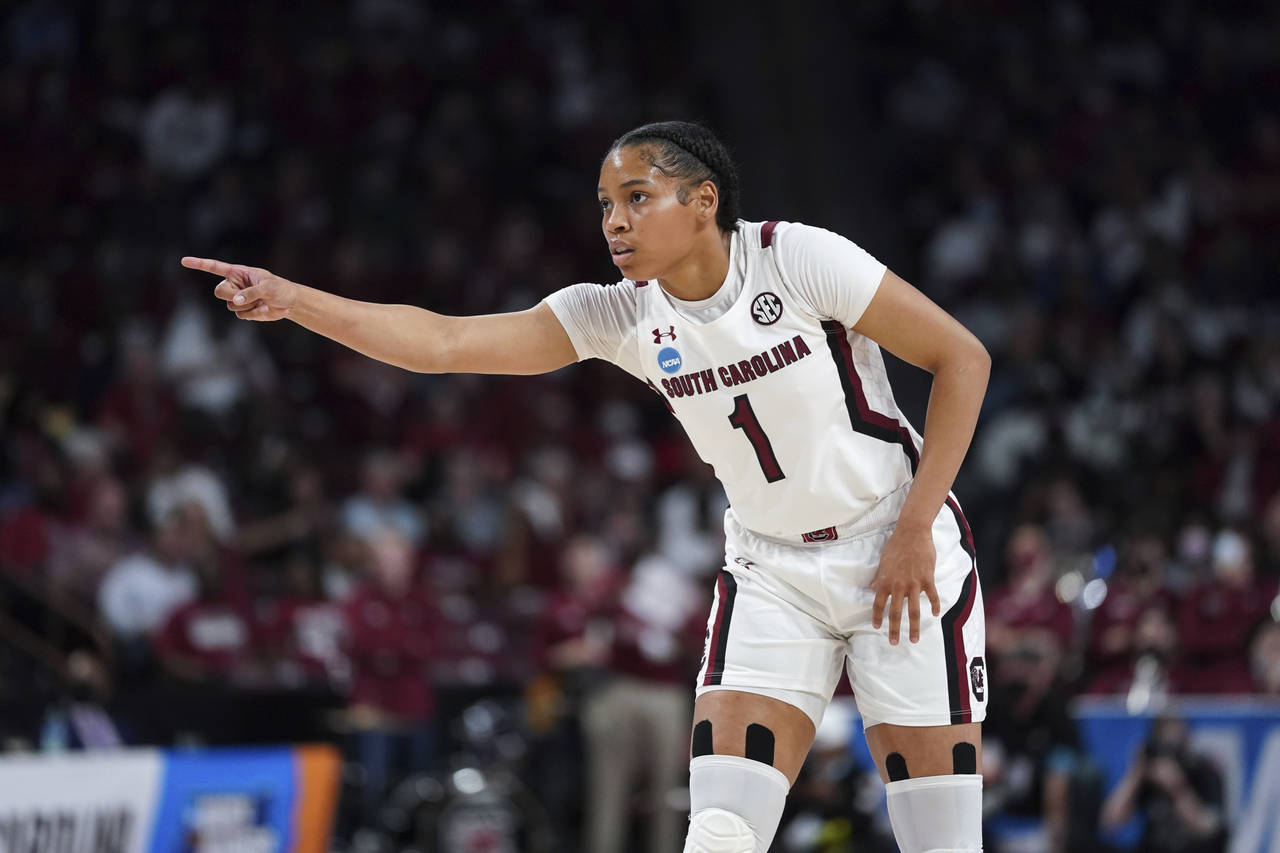 South Carolina guard Zia Cooke points to a teammate during the first half of a first-round game aga...