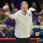 
              Kansas State head coach Jeff Mittie reacts to a call during the first half of a college basketball game against North Carolina State in the second round of the NCAA tournament in Raleigh, N.C., Monday, March 21, 2022. (AP Photo/Ben McKeown)
            