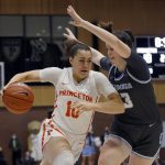 
              Princeton guard Grace Stone (10) drives against Columbia forward Noa Comesana (33) during the first half of an NCAA Ivy League women's college basketball championship game, Saturday, March 12, 2022, in Cambridge, Mass. (AP Photo/Mary Schwalm)
            