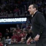 
              Duke head coach Mike Krzyzewski reacts from the sideline during the second half of his team's college basketball game against Arkansas in the Elite 8 round of the NCAA men's tournament in San Francisco, Saturday, March 26, 2022. (AP Photo/Tony Avelar)
            