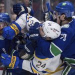 
              Buffalo Sabres' Dylan Cozens (24) punches Vancouver Canucks' Conor Garland (8) while being grabbed by Tanner Pearson (70) during the second period of an NHL hockey game in Vancouver, British Columbia, Sunday, March 20, 2022. (Darryl Dyck/The Canadian Press via AP)
            