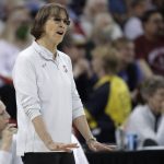 
              Stanford head coach Tara VanDerveer calls to her team during the first half of a college basketball game against Texas in the Elite 8 round of the NCAA tournament, Sunday, March 27, 2022, in Spokane, Wash. (AP Photo/Young Kwak)
            