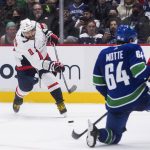 
              Washington Capitals' Alex Ovechkin (8) shoots as Vancouver Canucks' Tyler Motte (64) defends during the third period of an NHL hockey game Friday, March 11, 2022, in Vancouver, British Columbia. (Darryl Dyck/The Canadian Press via AP)
            