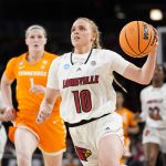 
              Louisville's Hailey Van Lith (10) heads to the basket during the first half of a college basketball game against Tennessee in the Sweet 16 round of the NCAA women's tournament Saturday, March 26, 2022, in Wichita, Kan. (AP Photo/Jeff Roberson)
            