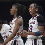
              Howard guard Gia Thorpe (13) celebrates a basket during the second half of a First Four game against Incarnate Word in the NCAA women's college basketball tournament Wednesday, March 16, 2022 in Columbia, S.C.(AP Photo/Sean Rayford)
            