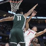 
              Wisconsin's Johnny Davis (1) shoots over Michigan State's A.J. Hoggard (11) during the first half of an NCAA college basketball game at the Big Ten Conference tournament, Friday, March 11, 2022, in Indianapolis. (AP Photo/Darron Cummings)
            