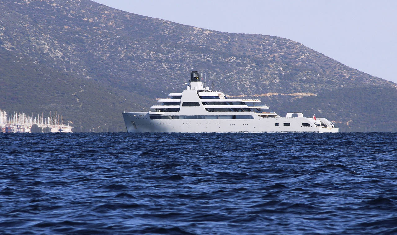 Bermuda-flagged luxury yacht "Solaris" that belongs to Roman Abramovich sails near the Aegean coast...