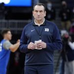 
              Duke head coach Mike Krzyzewski watches his team during practice for the NCAA men's college basketball tournament Wednesday, March 23, 2022, in San Francisco. Duke faces Texas Tech in a Sweet 16 game on Thursday. (AP Photo/Marcio Jose Sanchez)
            