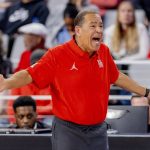 
              Houston head coach Kelvin Sampson argues a foul call in the first half of an NCAA college basketball game against Tulane in the semifinals of the American Athletic Conference tournament in Fort Worth, Texas, Saturday, March 12, 2022. (AP Photo/Gareth Patterson)
            
