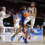 
              Dayton guard Makira Cook (3) is fouled by DePaul guard Deja Church while driving to the basket during the second half of a First Four game in the NCAA women's college basketball tournament, Wednesday, March 16, 2022, in Ames, Iowa. (AP Photo/Charlie Neibergall)
            
