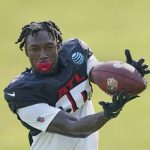 
              FILE - Atlanta Falcons wide receiver Calvin Ridley (18) makes a catch during the team's NFL training camp football practice Monday, Aug. 9, 2021, in Flowery Branch, Ga. Falcons wide receiver Calvin Ridley has been suspended for the 2022 season for betting on NFL games in the 2021 season. The suspension announced by NFL commissioner Roger Goodell on Monday, March 7, 2022, is for activity that took place while Ridley was away from the team while addressing mental health concerns.(AP Photo/John Bazemore, File)
            