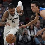 
              San Antonio Spurs guard Dejounte Murray (5) races up court past Oklahoma City Thunder center Aleksej Pokusevski (17) during the second half of an NBA basketball game, Wednesday, March 16, 2022, in San Antonio. (AP Photo/Eric Gay)
            
