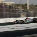 
              Mercedes driver George Russell of Britain steers his car during practice for the Formula One Grand Prix it in Jiddah, Saudi Arabia, Saturday, March 26, 2022. (AP Photo/Hassan Ammar)
            