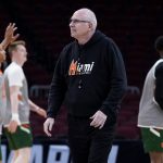 
              Miami head coach Jim Larranaga watches his team during a practice for the NCAA men's college basketball tournament Thursday, March 24, 2022, in Chicago. Miami faces Iowa State in a Sweet 16 game on Friday. (AP Photo/Nam Y. Huh)
            