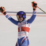 
              France's Tessa Worley celebrates winning an alpine ski, women's World Cup giant slalom, in Lenzerheide, Switzerland, Sunday, March 6, 2022. (AP Photo/Giovanni Auletta)
            
