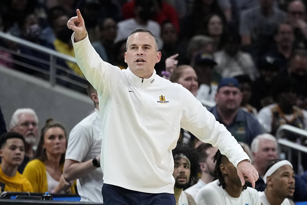 Murray State head coach Matt McMahon directs his team during the first half of a college basketball...