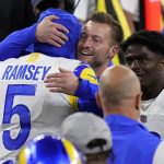 
              Los Angeles Rams head coach Sean McVay embraces Los Angeles Rams cornerback Jalen Ramsey (5) after the second half of the NFL Super Bowl 56 football game against the Cincinnati Bengals, Sunday, Feb. 13, 2022, in Inglewood, Calif. The Los Angeles Rams won 23-20. (AP Photo/Ted S. Warren)
            