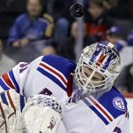 
              New York Rangers goaltender Igor Shesterkin makes a save during the first period of an NHL hockey game against the New Jersey Devils on Tuesday, March 22, 2022, in Newark, N.J. (AP Photo/Adam Hunger)
            