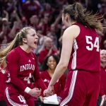 
              Indiana guard Nicole Cardano-Hillary (4) celebrates with forward Mackenzie Holmes (54) after being fouled in the second half of an NCAA college basketball game against Ohio State at the Big Ten Conference tournament in Indianapolis, Saturday, March 5, 2022. Indiana defeated Ohio State 70-62. (AP Photo/Michael Conroy)
            