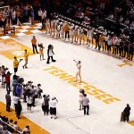
              Tennessee forward John Fulkerson addresses fans before an NCAA college basketball game against Arkansas, Saturday, March 5, 2022, in Knoxville, Tenn. (AP Photo/Wade Payne)
            