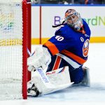 
              New York Islanders goaltender Semyon Varlamov (40) looks back as a puck shot by Vancouver Canucks' Nils Hoglander gets past him for a goal during the third period of an NHL hockey game Thursday, March 3, 2022, in Elmont, N.Y. (AP Photo/Frank Franklin II)
            