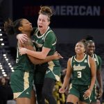 
              South Florida center Shae Leverett, from left, Elisa Pinzan, and Sydni Harvey (3) celebrate after a basket against Central Florida in the first half of an NCAA college basketball game for the American Athletic Conference women's tournament championship Thursday, March 10, 2022, in Fort Worth, Texas. (AP Photo/Tony Gutierrez)
            
