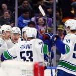 
              Vancouver Canucks' Vasily Podkolzin (92) celebrates with teammates Oliver Ekman-Larsson (23), Alex Chiasson (39), Bo Horvat (53) and Tyler Myers (57) after scoring a goal during the third period of an NHL hockey game against the New York Islanders, Thursday, March 3, 2022, in Elmont, N.Y. (AP Photo/Frank Franklin II)
            