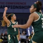 
              South Florida's Elena Tsineke (5) and Sydni Harvey (3) celebrate after Tsineke sank a 3-point basket against Central Florida during the second half of an NCAA college basketball game for the American Athletic Conference women's tournament championship Thursday, March 10, 2022, in Fort Worth, Texas. (AP Photo/Tony Gutierrez)
            