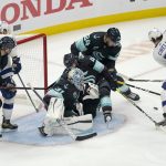 
              Tampa Bay Lightning center Anthony Cirelli (71) takes aim on a goal against the Seattle Kraken during the third period of an NHL hockey game Wednesday, March 16, 2022, in Seattle. (AP Photo/Ted S. Warren)
            