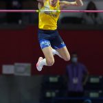 
              Armand Duplantis, of Sweden, clears the bar at 6.20 meters to set a new world record at the end of the Men's pole vault at the World Athletics Indoor Championships in Belgrade, Serbia, Sunday, March 20, 2022. (AP Photo/Petr David Josek)
            