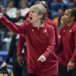 
              Alabama head coach Kristy Curry argues a call in the first half of an NCAA college basketball game against Tennessee at the women's Southeastern Conference tournament Friday, March 4, 2022, in Nashville, Tenn. (AP Photo/Mark Humphrey)
            