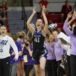 
              Kansas State's Taylor Lauterbach (41) celebrates with her team after defeating Washington State in a college basketball game in the first round of the NCAA tournament in Raleigh, N.C., Saturday, March 19, 2022. (AP Photo/Ben McKeown)
            