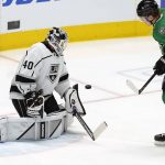 
              Los Angeles Kings goaltender Cal Petersen (40) defends the goal against Dallas Stars center Roope Hintz (24) during the first period of an NHL hockey game in Dallas, Wednesday, March 2, 2022. (AP Photo/LM Otero)
            