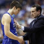 
              FILE - Duke guard Grayson Allen talks with head coach Mike Krzyzewski during the second half of an NCAA college basketball game in the Atlantic Coast Conference tournament against Notre Dame in Washington, March 10, 2016. Allen is now with the NBA champion Milwaukee Bucks.  (AP Photo/Alex Brandon, File)
            