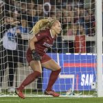 
              In a photo provided by Stanford Athletics, Stanford goalkeeper Katie Meyer guards the goal against North Carolina in the NCAA soccer tournament championship match Dec. 8, 2019, in San Jose, Calif. Meyer, who memorably led the Cardinal to victory in the 2019 NCAA College Cup championship game, had died. She was 22. The cause of death was not released. Stanford first announced the death of a student at one of its residence halls on Monday, Feb. 28, 2022. On Tuesday, the university confirmed it was Meyer, a senior international relations major. (Jim Shorin/Stanford Athletics via AP)
            