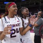 
              Howard's Brooklynn Fort-Davis (24) and Krislyn Marsh, right celebrate after a First Four game against Incarnate Word in the NCAA women's college basketball tournament Wednesday, March 16, 2022, in Columbia, S.C. (AP Photo/Sean Rayford)
            