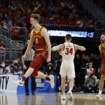 
              Iowa State's Aljaz Kunc reacts during the second half of a second-round NCAA college basketball tournament game against Wisconsin Sunday, March 20, 2022, in Milwaukee. Iowa State won 54-49. (AP Photo/Jeffrey Phelps)
            