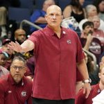 
              South Carolina head coach Frank Martin directs his players against Mississippi State during the first half of an NCAA men's college basketball game at the Southeastern Conference tournament in Tampa, Fla., Thursday, March 10, 2022. (AP Photo/Chris O'Meara)
            