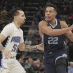 
              Memphis Grizzlies' Desmond Bane (22) looks to pass as Orlando Magic's Cole Anthony (50) defends in the first half of an NBA basketball game Saturday, March 5, 2022, in Memphis, Tenn. (AP Photo/Karen Pulfer Focht)
            