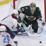 
              Colorado Avalanche right wing Valeri Nichushkin (13) tries to score against Minnesota Wild goaltender Cam Talbot (33) during the first period of an NHL hockey game Sunday, March 27, 2022, in St. Paul, Minn. (AP Photo/Stacy Bengs)
            