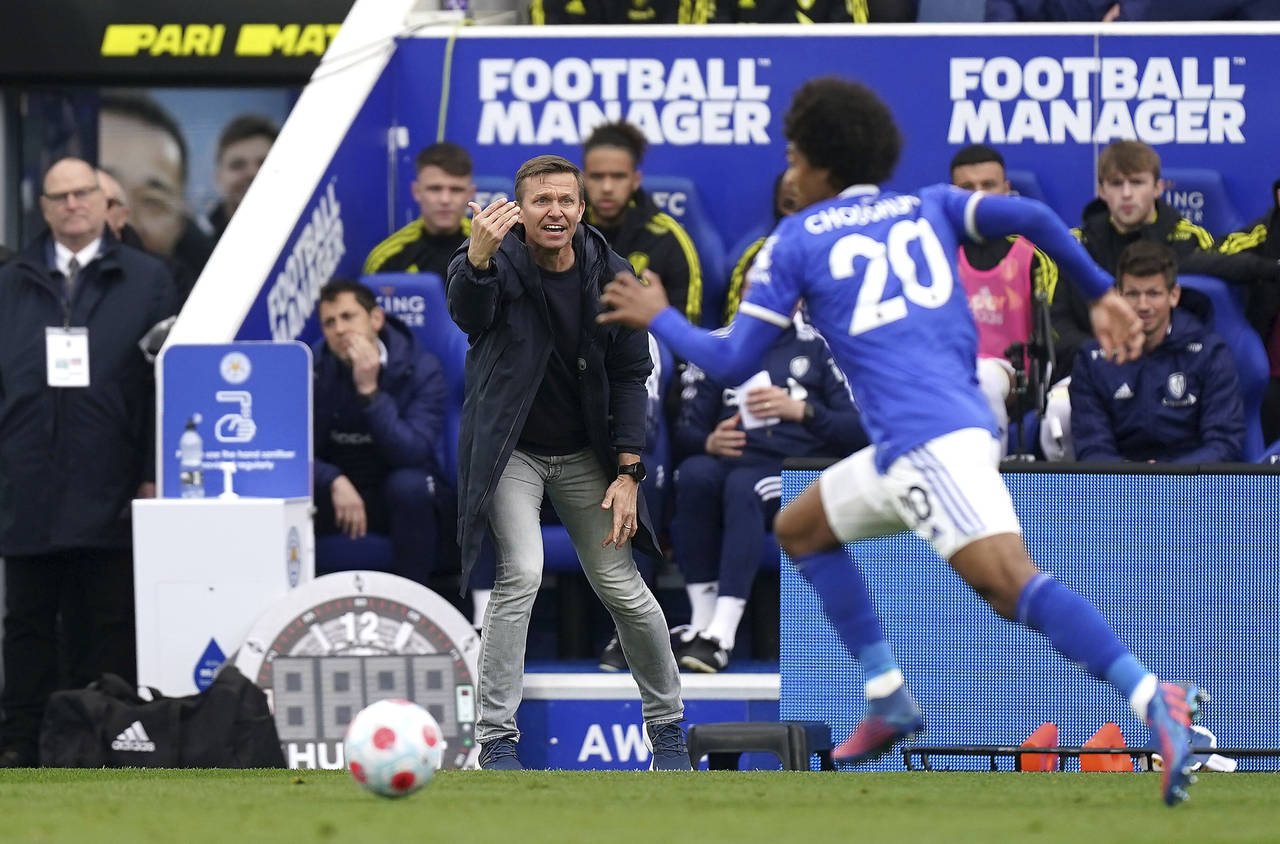 Leeds United manager Jesse Marsch gestures as Leicester City's Hamza Choudhury gets on the ball dur...