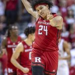 
              Rutgers forward Ron Harper Jr. (24) reacts after scoring during the second half of an NCAA college basketball game against Indiana, Wednesday, March 2, 2022, in Bloomington, Ind. (AP Photo/Doug McSchooler)
            