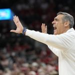 
              Villanova head coach Jay Wright yells during the first half of a college basketball game against Houston in the Elite Eight round of the NCAA tournament on Saturday, March 26, 2022, in San Antonio. (AP Photo/David J. Phillip)
            