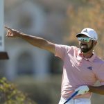 
              Sergio Garcia points after his tee shot on the sixth hole in the second round of the Dell Technologies Match Play Championship golf tournament, Thursday, March 24, 2022, in Austin, Texas. (AP Photo/Tony Gutierrez)
            