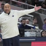 
              Penn State head coach Micah Shrewsberry shouts during the second half of an NCAA college basketball game against Purdue at the Big Ten Conference tournament, Friday, March 11, 2022, in Indianapolis. (AP Photo/Darron Cummings)
            