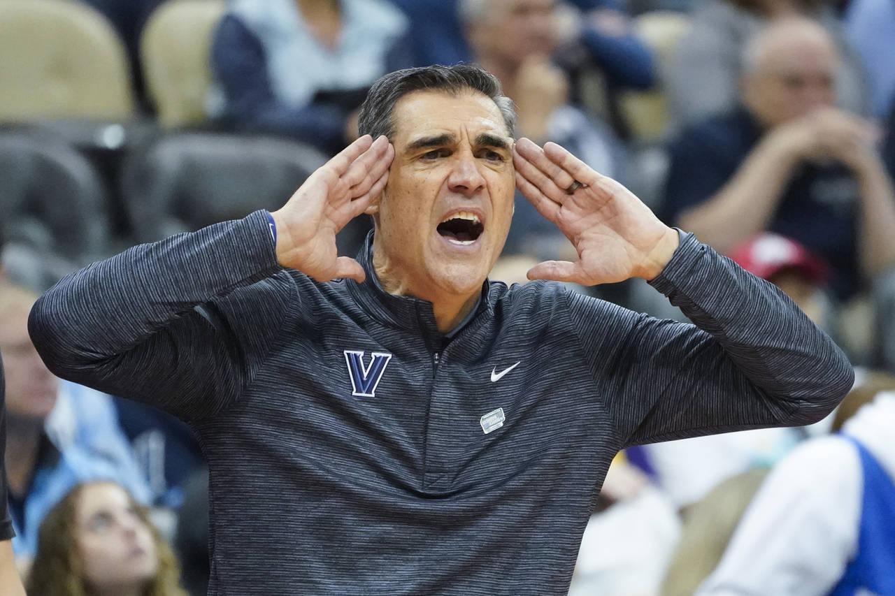 Villanova head coach Jay Wright reacts to a ca;l during the second half of a college basketball gam...