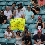 
              A fan cheers on Daniil Medvedev of Russia, during his men's quarterfinal match against Hubert Hurkacz of Poland, at the Miami Open tennis tournament, Thursday, March 31, 2022, in Miami Gardens, Fla. (AP Photo/Rebecca Blackwell)
            