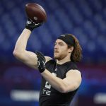 
              Iowa State tight end Chase Allen throws a pass at the NFL football scouting combine in Indianapolis, Thursday, March 3, 2022. (AP Photo/Charlie Neibergall)
            